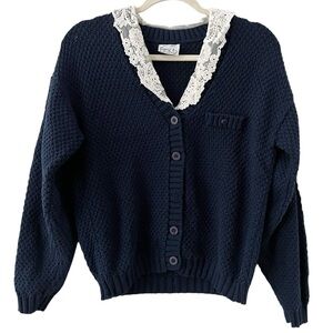 Erika Made in USA Vintage Navy Blue Cotton Knit Cardigan with White Lace Collar